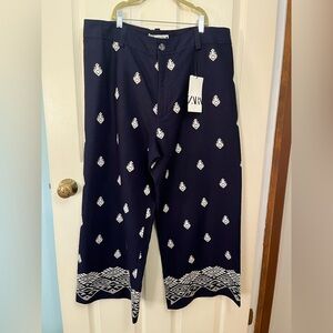 Zara NWT Linen Blend Dark Blue and White Patterned Wide Leg Pants